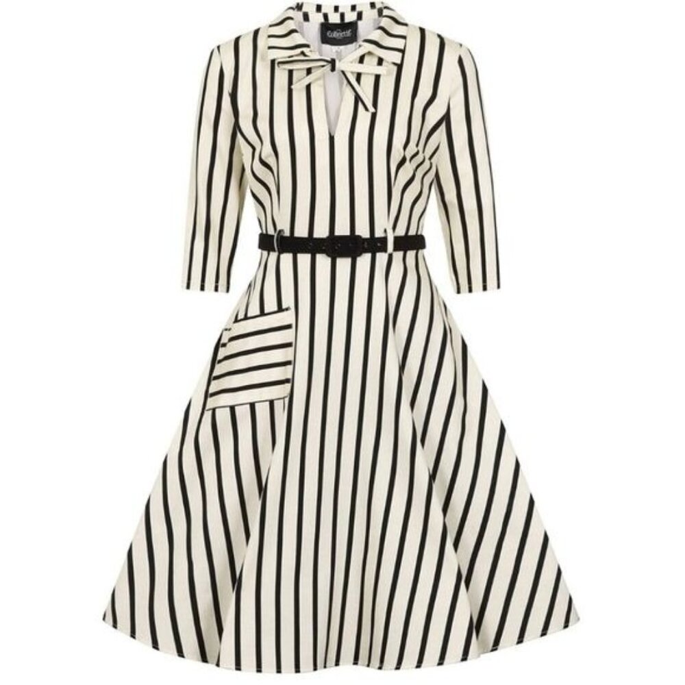 Collectif Cream and Black Striped Midi Dress